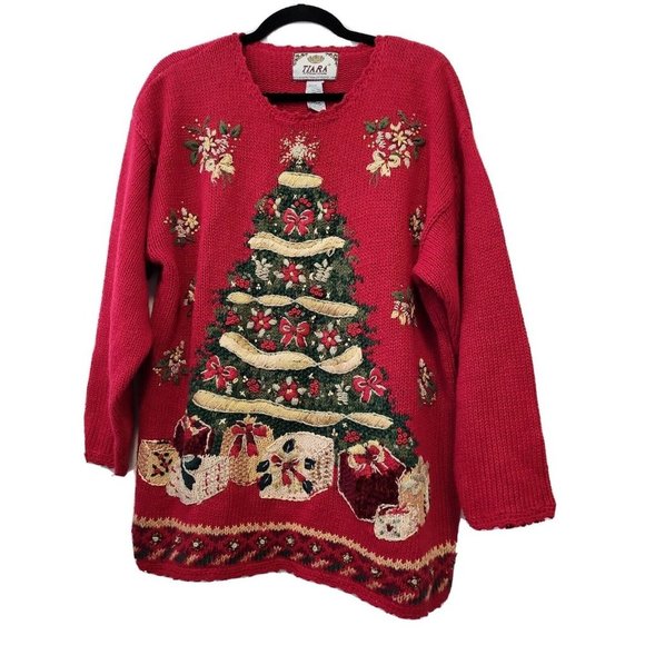 Tiara Sweaters Vintage Tiara Embroidered Christmas Tree Tunic Sweater Red Green Gold Large